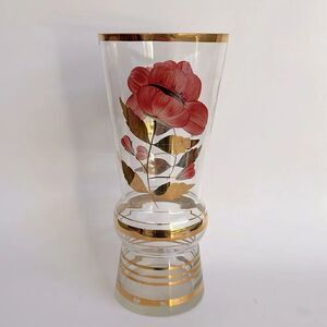 Large Vintage Clear Glass Vase Painted Flowers Gold Bands and Rim